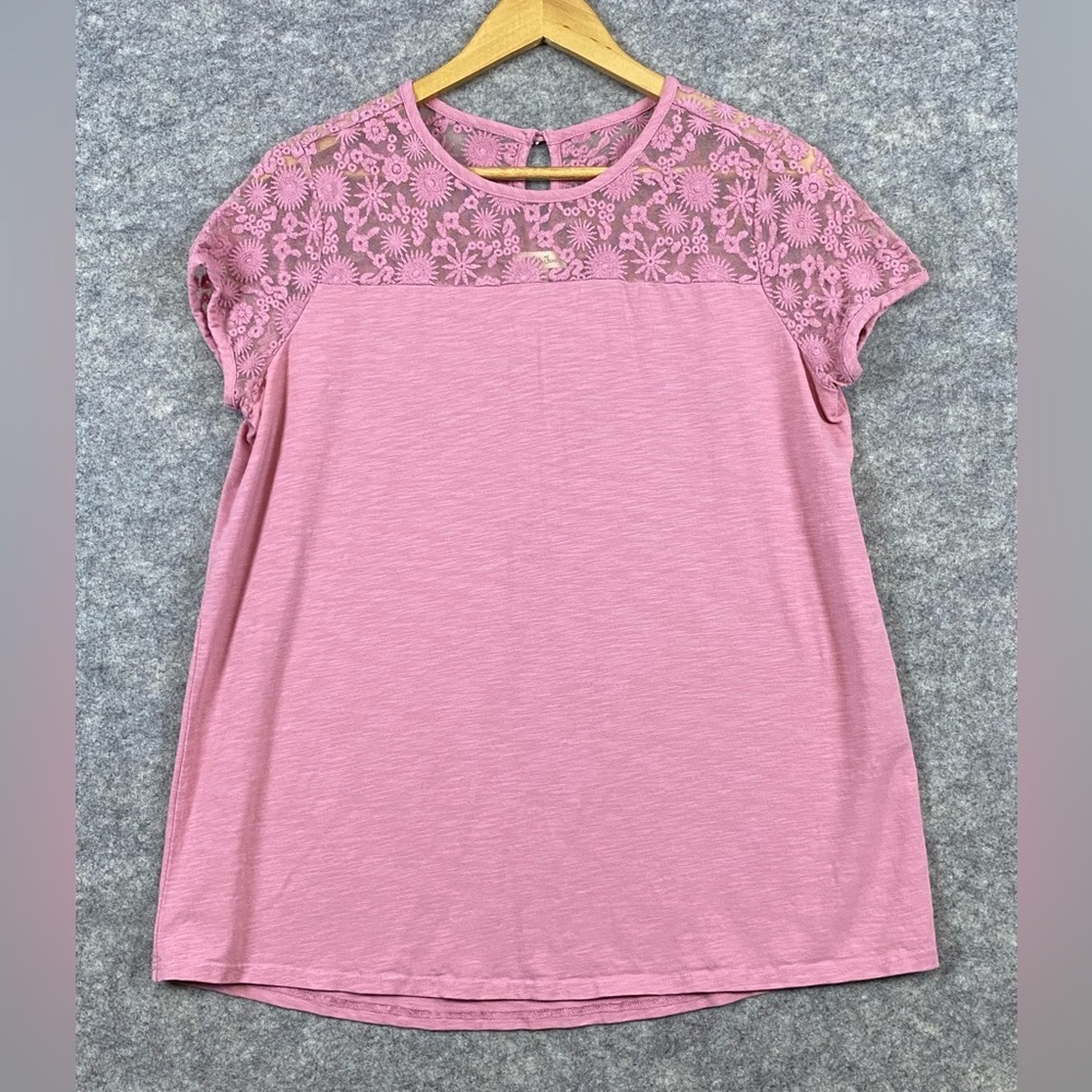 Matilda Jane Pink Floral Lace Lory Top Size M Short Sleeve Round Neck Button